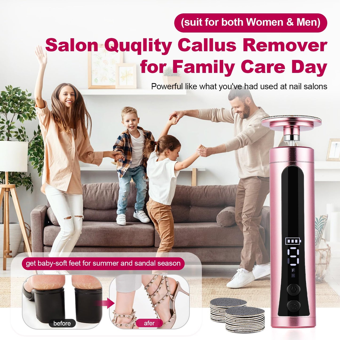 Rechargeable Callus Remover for Feet Electric 2-in-1 Pedicure Tools Foot File Grinder LCD Display 9 Adjustable Speeds 2 Sanding Heads 30 Sanding Paper