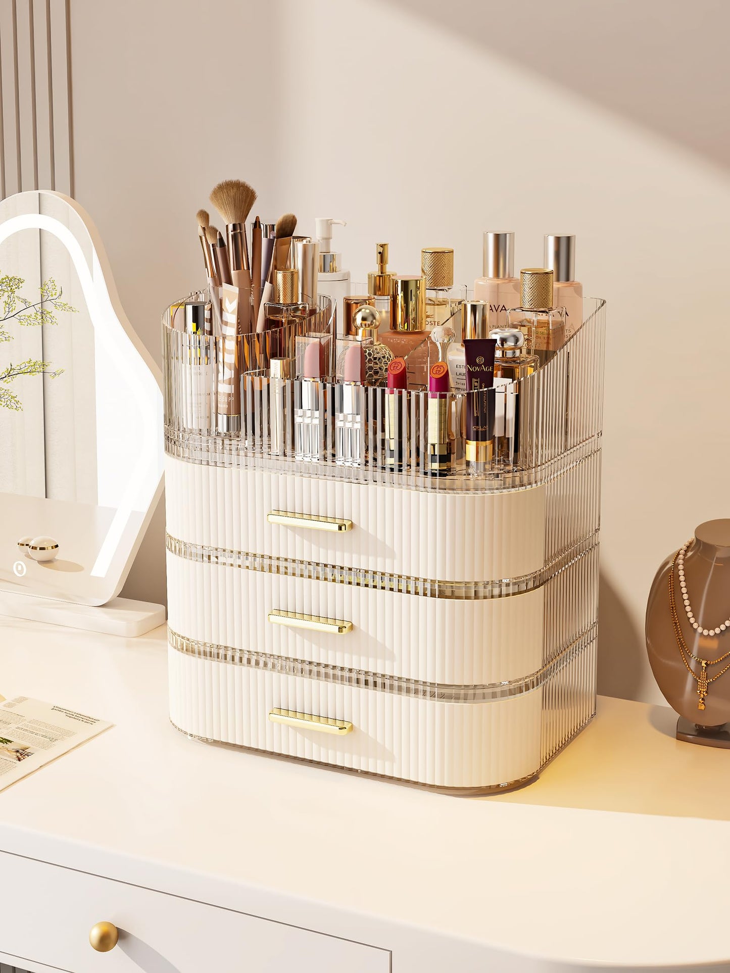 MIUOPUR Makeup Organizer with Rotating Makeup Brush Holder, Stackable Drawers for Bathroom Organizers and Storage, Make up Organizers for Vanity, Great for Cosmetics, skincare, Lipsticks -Cream