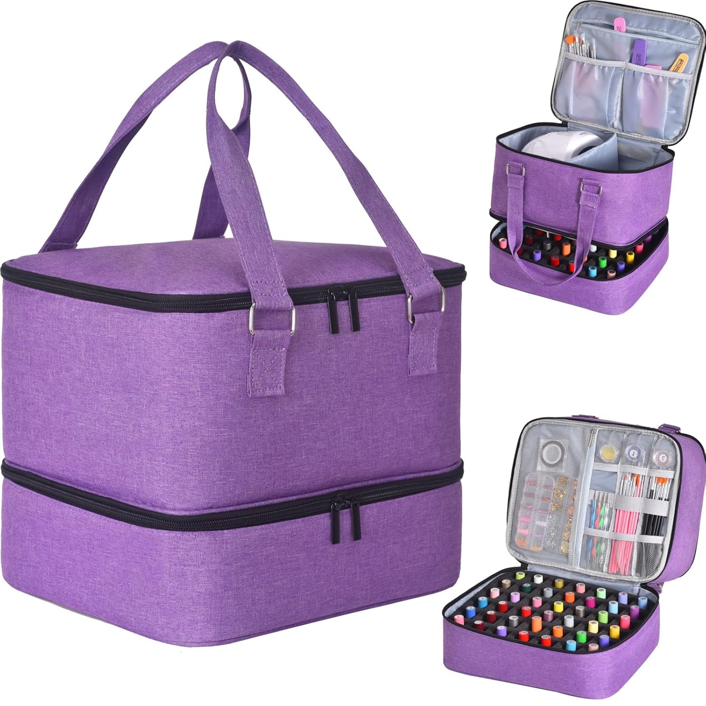 Nail Polish Organizer Bag with Travel Case for 30+ Bottles & Nail Lamp - Purple
