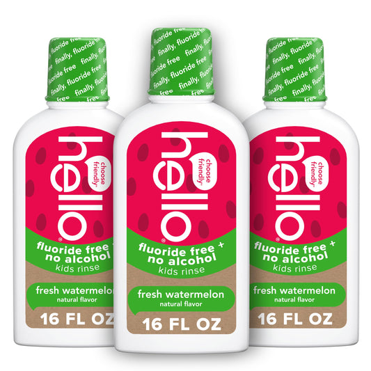 Hello Natural Watermelon Flavor Kids Fluoride Free Rinse, Alcohol Free, Vegan, SLS Free, Mouthwash for Kids Age 6 and Up, 16 Fl Oz (Pack of 3)