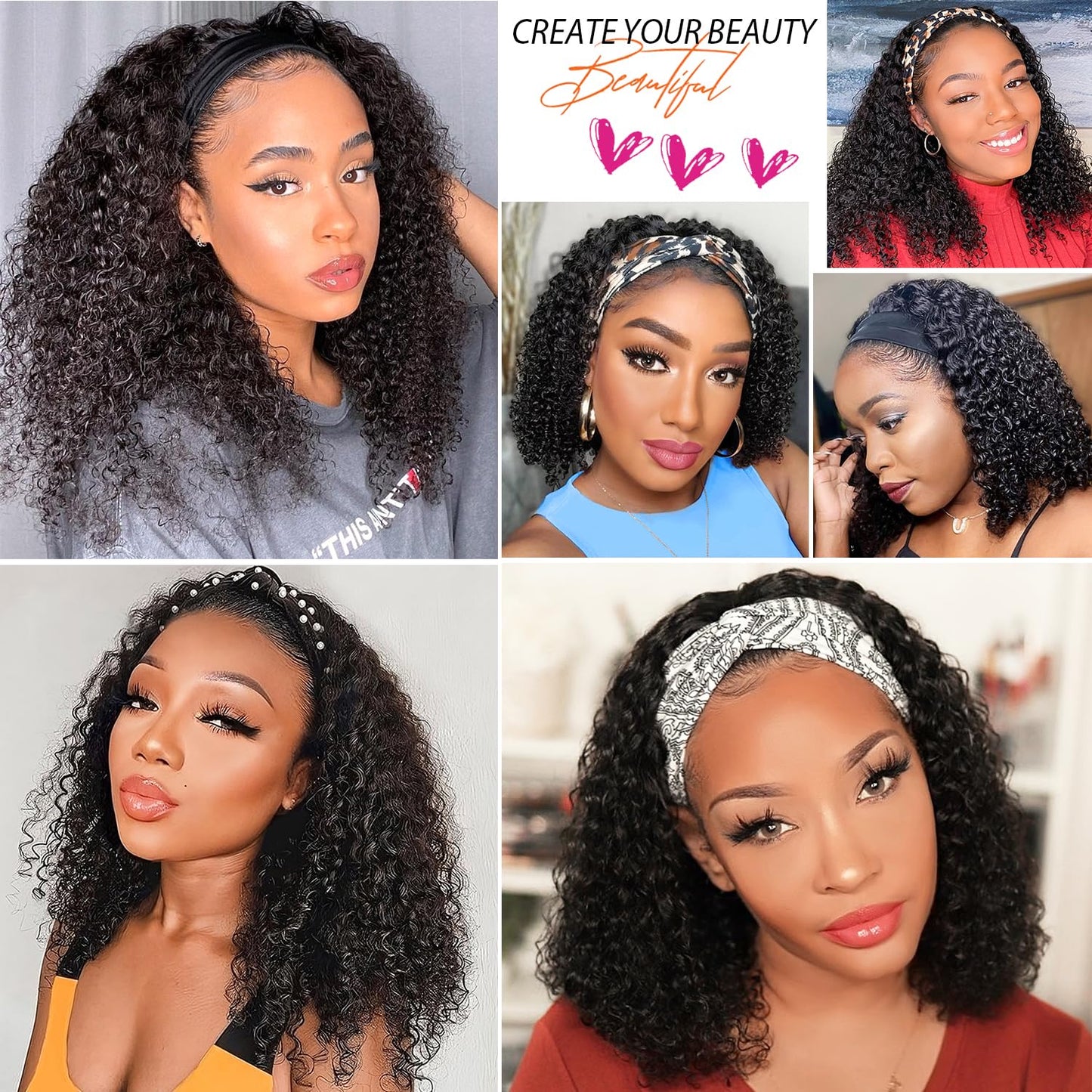 AISI QUEENS Human Hair Headband Wigs for Black Women - Curly, Glueless, Easy Wear - 10 Inch, Medium Cap Size (21.5 Inch)
