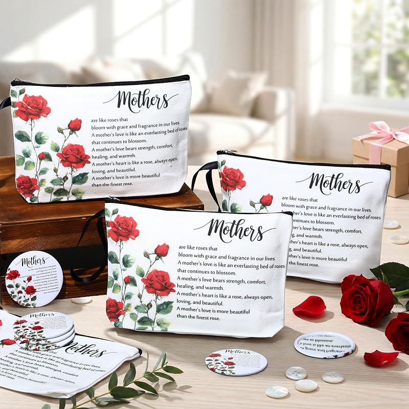 10pc Mother's Day Gift Set: Red Rose Cosmetic Bags & Inspirational Compact Mirrors