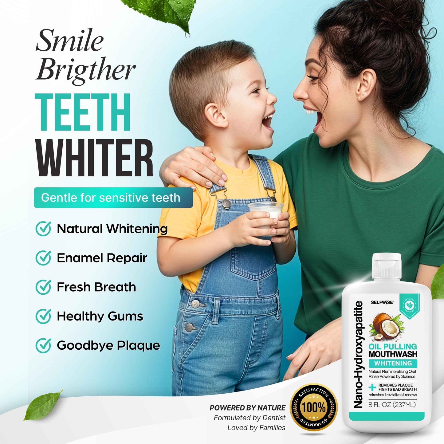 Nano-Hydroxyapatite Oil Pulling Whitening Mouthwash for Teeth and Gums, Natural & Organic, Whitens Teeth, Strengthens Enamel, Fights Bad Breath & Plaque – Smooth & Non-Greasy – for Adults & Kids 8oz