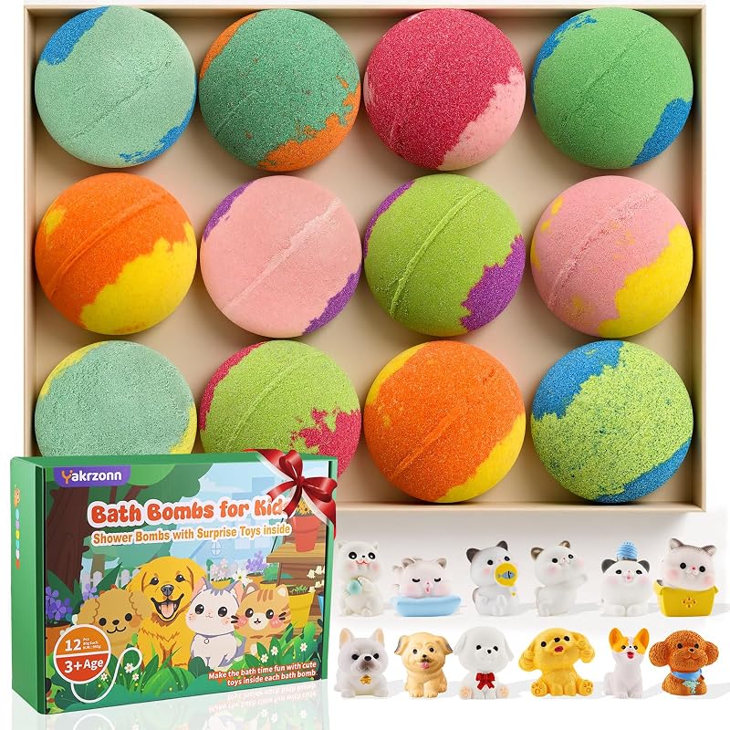 Bath Bombs for Kids with Toys Inside - 12 Pack Cat & Dog Gift Set