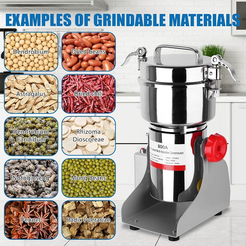 800g 3000W Electric Grain Mill Grinder for Dry Grains & Spices - Stainless Steel Home Use