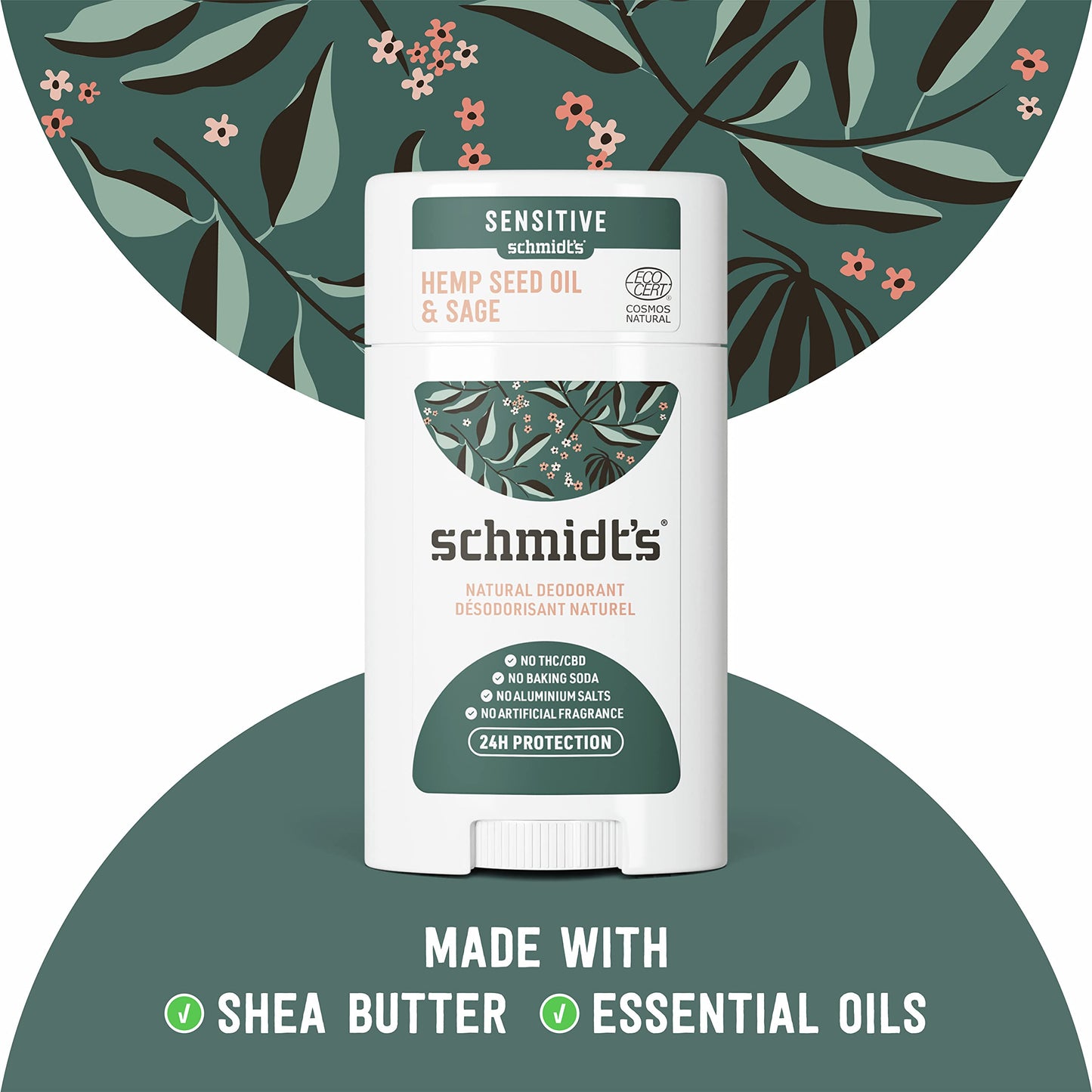 Schmidt's Aluminum Free Natural Deodorant for Women and Men, Hemp Seed Oil and Sage for Sensitive Skin with 24 Hour Odor Protection, Vegan, Cruelty Free, 2.65 oz