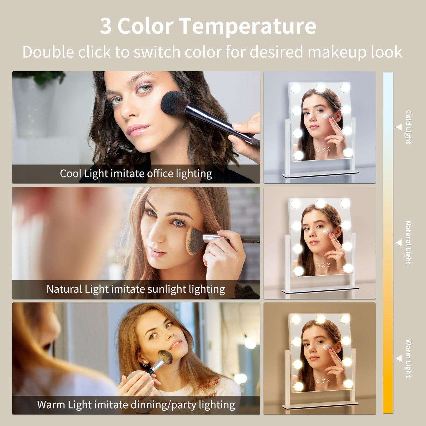 NUSVAN Vanity Mirror with Lights, Makeup Mirror with Lights,3 Color Lighting Modes Detachable 10X Magnification Mirror Touch Control,360°Rotation, White.