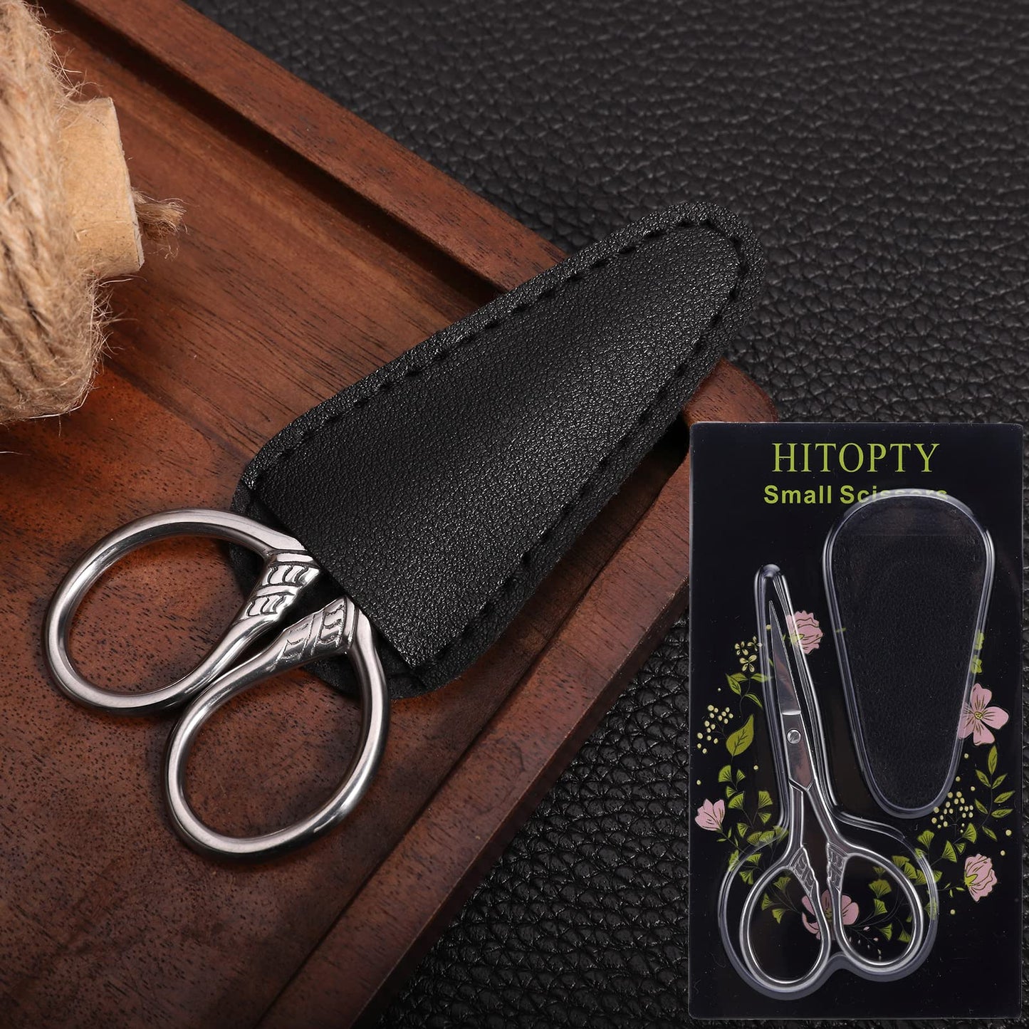 HITOPTY Small Precision Scissors, 3.5inch Stainless Steel Multi-Purpose Vintage Beauty Grooming Kit for Facial Hair, Eyebrow, Eyelash, Beard, Moustache with PU Sheath