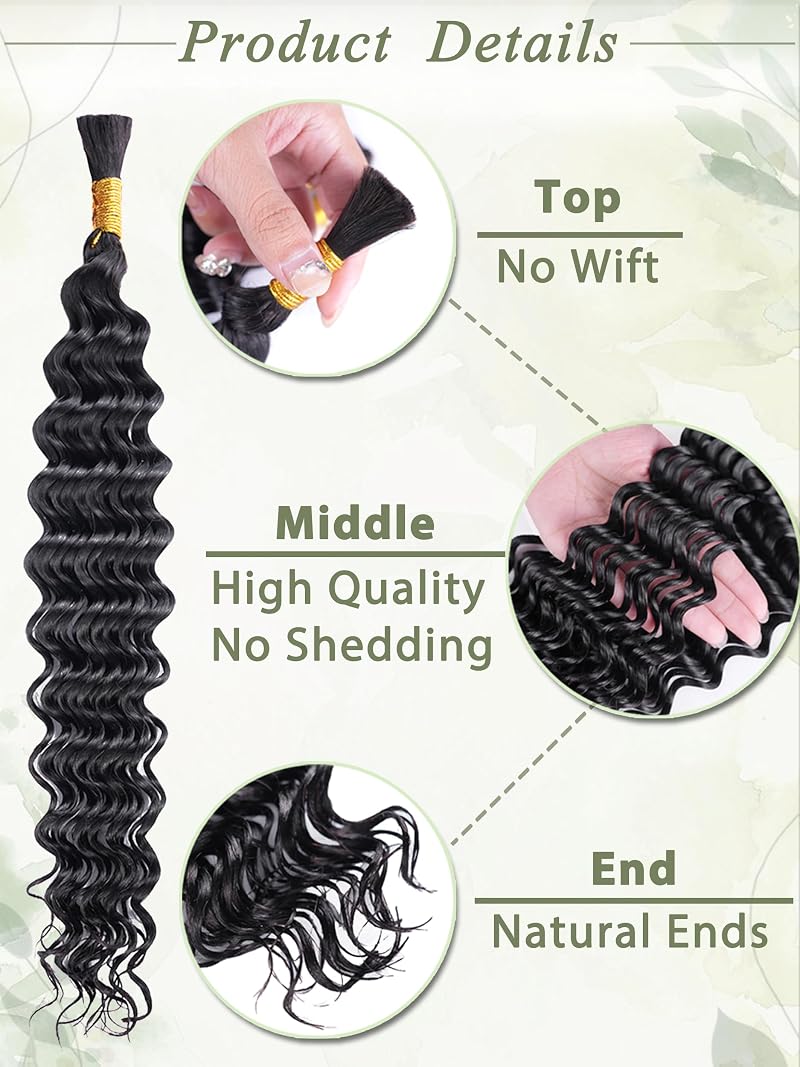 Human Braiding Hair for Boho Braids – 16 Inch Deep Wave Bulk 100g Pack