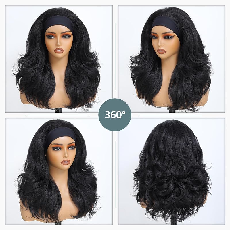 Glueless 16 Inch Wavy Wig with Headband – X-TRESS Natural Black Detroit Layers OS Variation