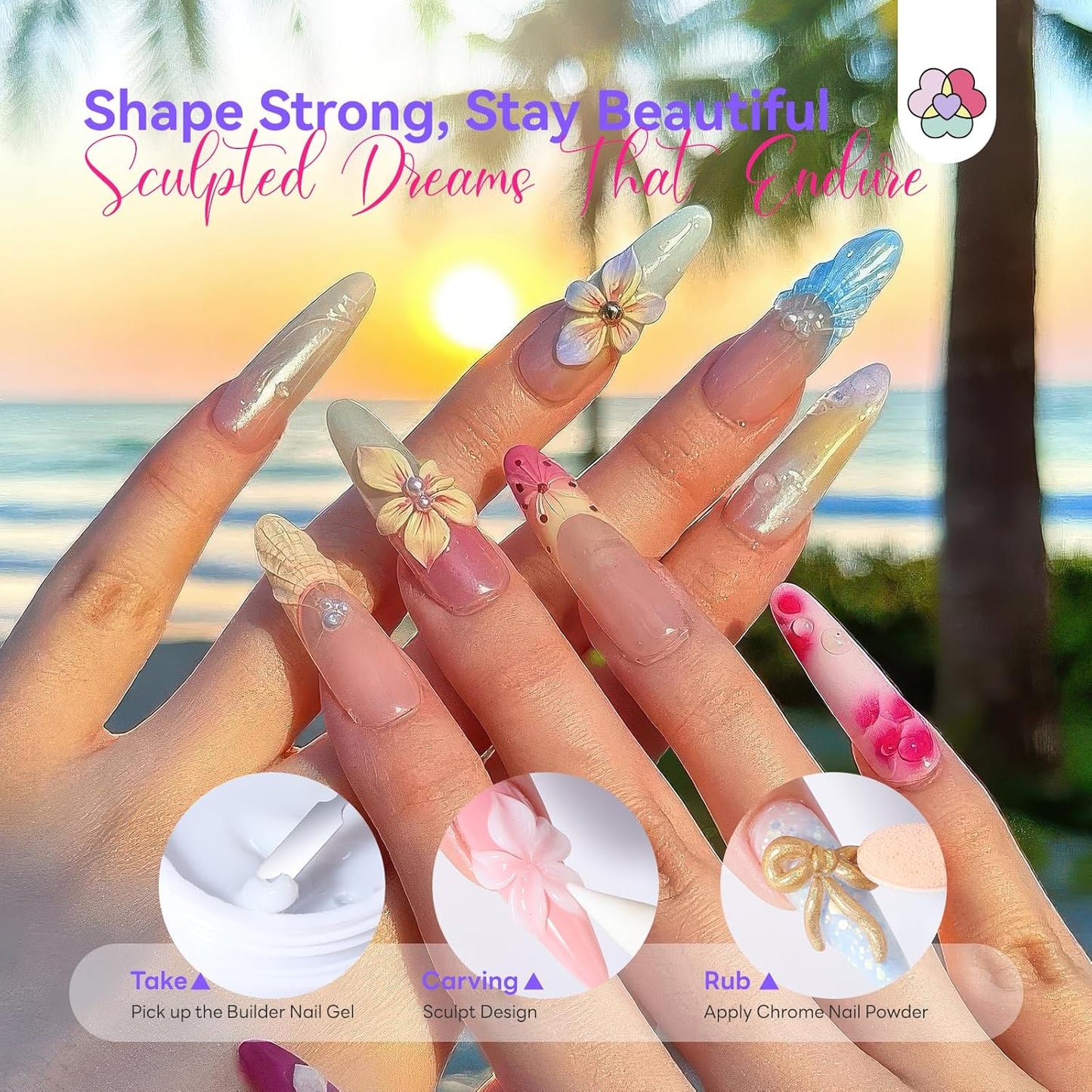 Builder Nail Gel Kit - 4 Colors (Clear, Nude, White, Pink) for Nail Extensions & 3D Sculpting - Long-Lasting Non-Sticky Hard Gel with Chrome Powder