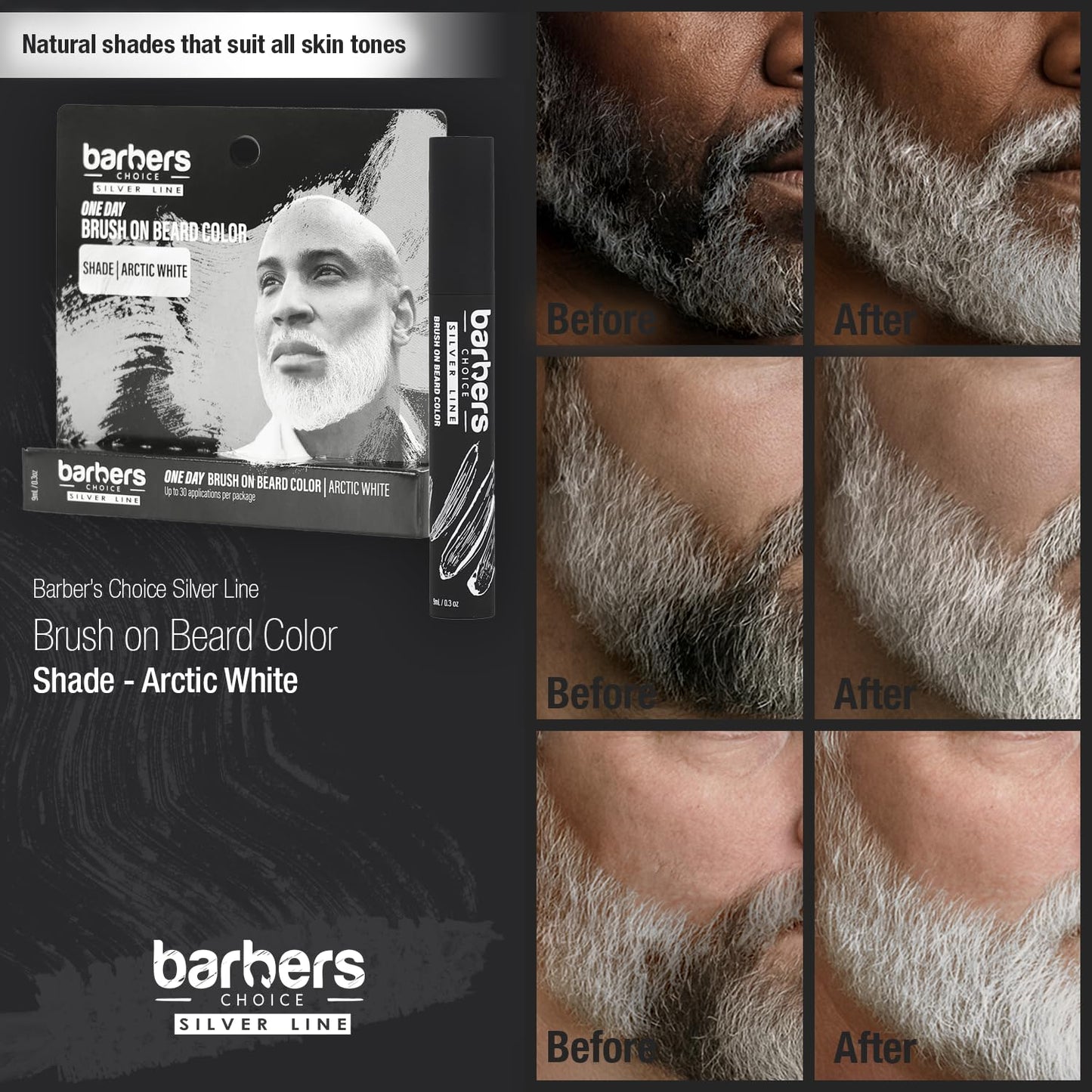 Barbers Choice Silver Line, Facial Hair Brush on Temporary Color for Silver Fox Men- Instantly Brighten White Beards, Mustache & Sideburns, Less Yellow, Easy Application, Arctic White