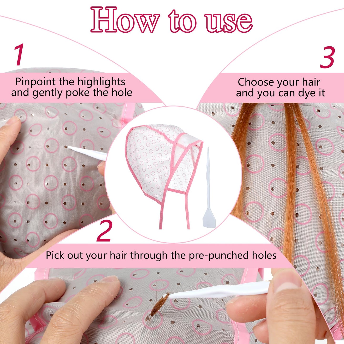 Bewudy 12 Pcs 4 Sets of Highlighting Caps with Hooks, Hair Coloring Frosting Dye Kit for Salon Hairdressing (Pink)