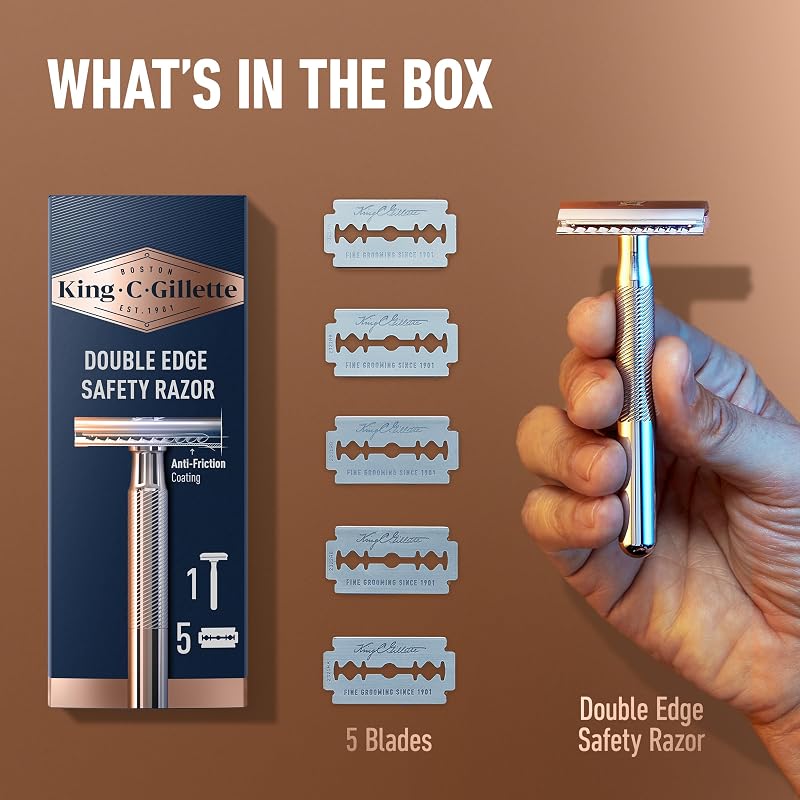 King C. Gillette Safety Razor with Chrome Plated Handle & 5 Platinum-Coated Double Edge Blades
