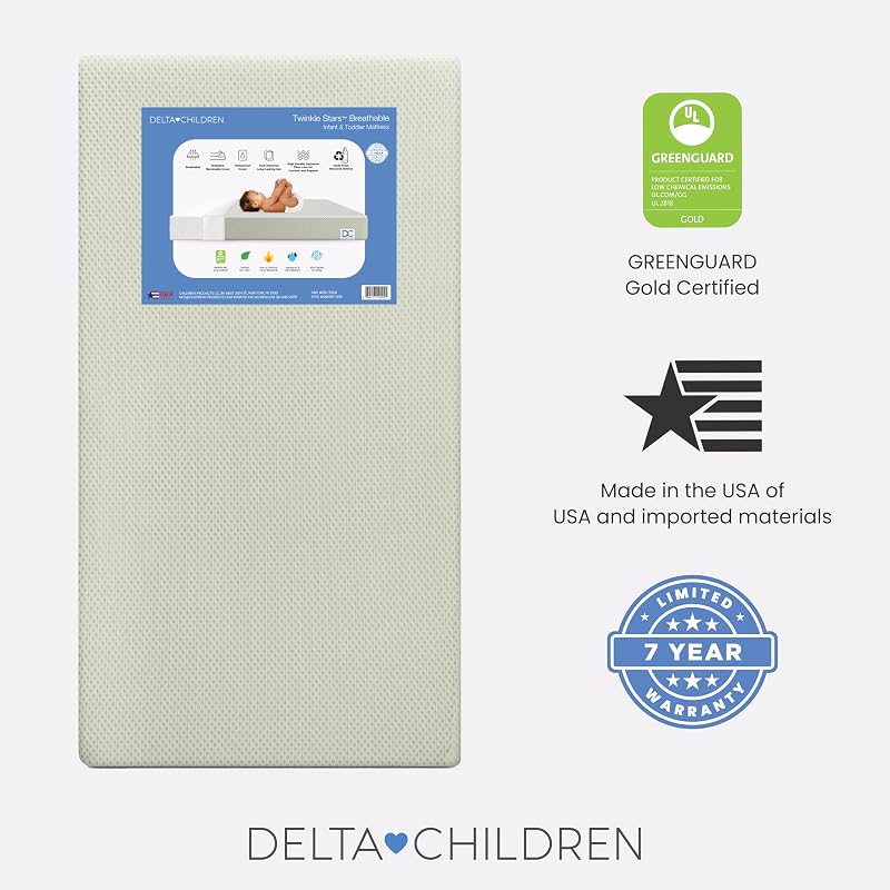 Twinkle Stars Breathable Crib & Toddler Mattress - GREENGUARD Gold, 52 x 27.5 x 5 in, Removable Washable Cover (Green+Twinkle Breathable)