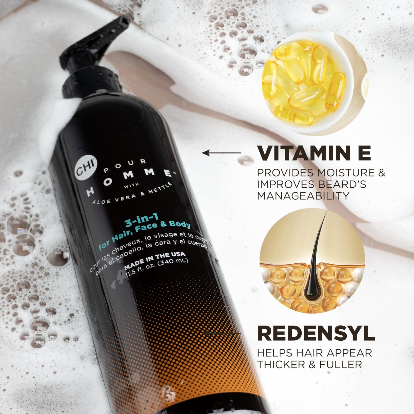 CHI Pour Homme 3-in-1 Cleansing & Moisturizing Hair, Face & Body Wash, Made With Aloe Vera & Nettle, Fresh, Woody Scent, Sulfate-Free, 11.5 oz