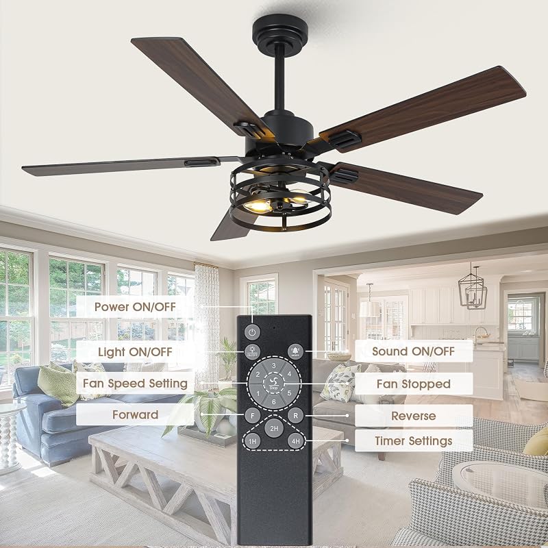52 Inch Farmhouse Ceiling Fan with Light - Maple/Black, 6-Speed DC, Remote