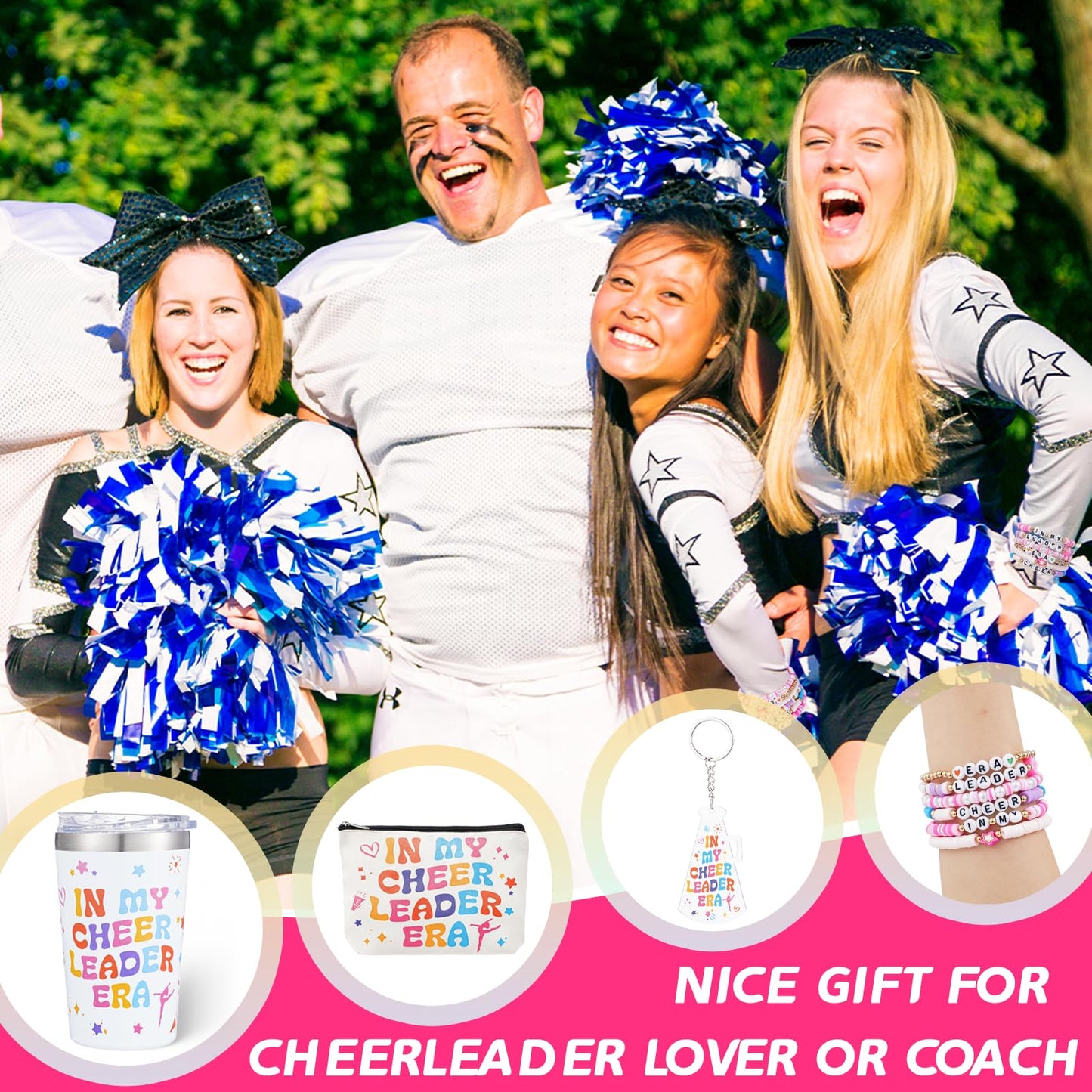WGXX 5Pcs Cheerleader Gifts Set for Women Including 12oz Cheer Tumbler, Makeup Bags, 5 Cheerleading Bracelet, Stickers, Keychain for Cheer Team & Lovers