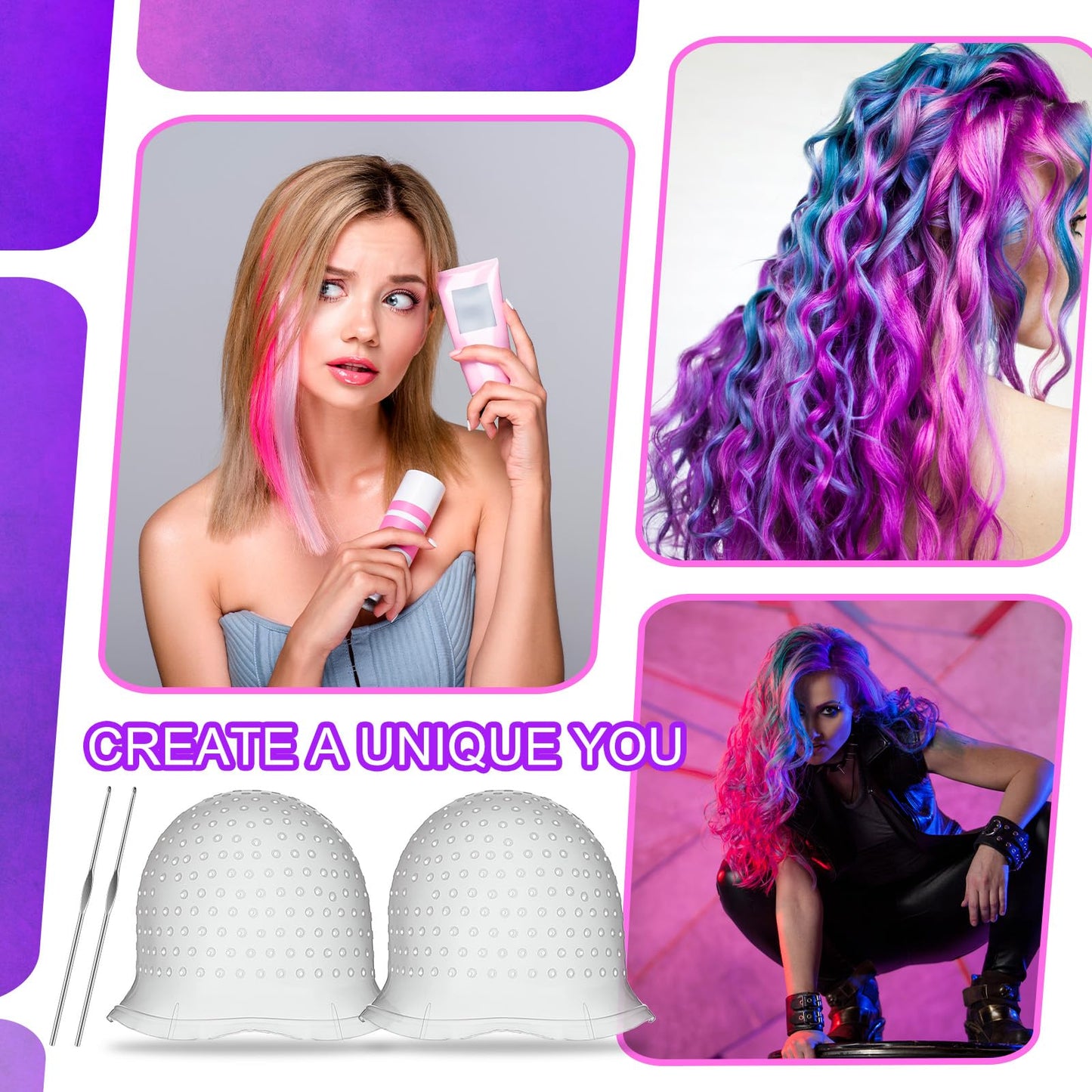 2 Pcs Hair Coloring Highlighting Cap Reusable Silicone Highlight Cap Pull Through Caps for Hair Coloring Frosting Cap with Hook Hair Dye Cap with Holes Hair Salon Tools Hairdressing Highlighting Kit