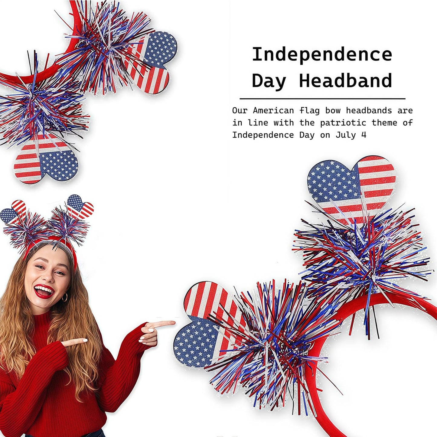 Patriotic Headband 1Pcs, 4th of July Hair Accessories And Patriotic Party Supplies, Red White And Blue Decorations for Adult Kids, Heart with USA Flag Ribbon Designs