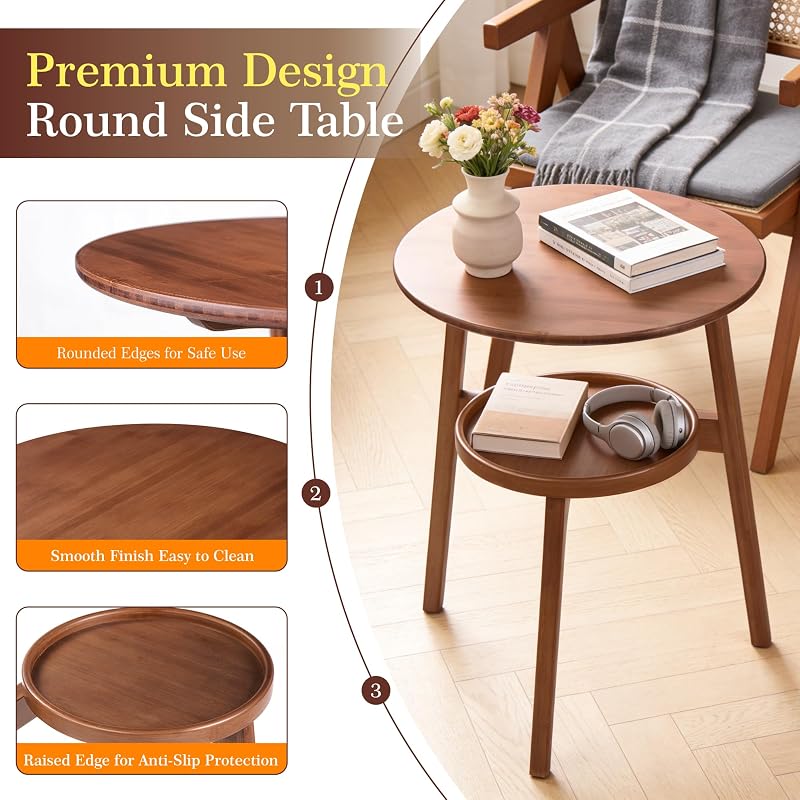 2-Tier Round Bamboo Side Table Brown-1 | Mid Century Modern End Table