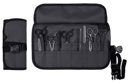 Under NY Sky Salon Scissors Roll Up Holder – Professional Oxford Canvas Pouch Case for Hair Stylists, Barbers & Hairdressers – Portable Storage Organizer for Hair Cutting Shears & Salon Tools - Grey