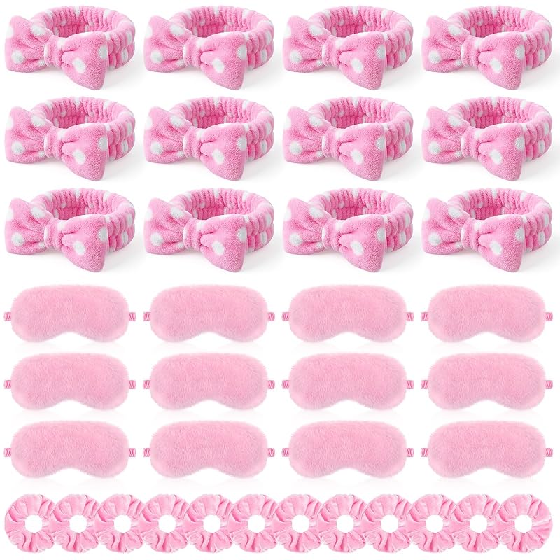 Spa Sleepover 36 Pcs Party Favors Set with Headbands, Eye Masks & Scrunchies - Pink