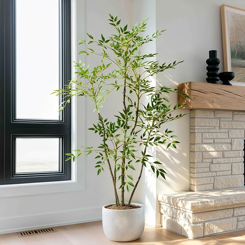 4.6ft Faux Bamboo Tree with 800+ Leaves in Cement Planter – Realistic Indoor Nandina Tree, Non-Toxic, Green Variation Included