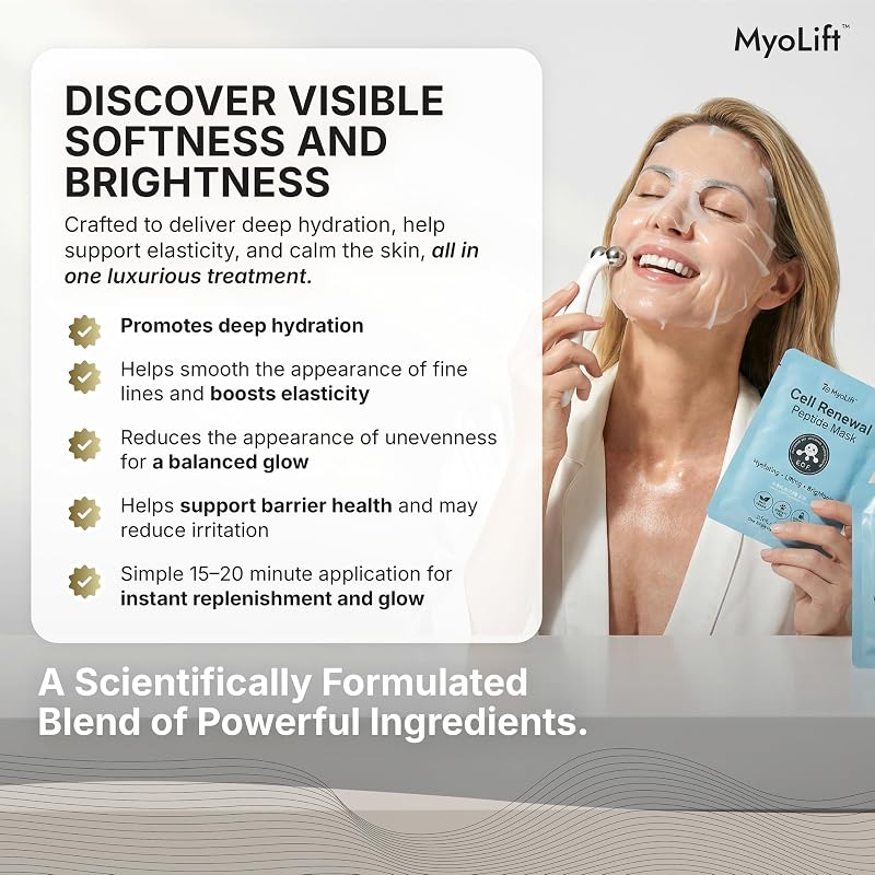 MyoLift Cell Renewal Peptide Mask (EGF) – 2 Pack Bio-Cellulose Face Mask, Niacinamide & Hyaluronic Acid