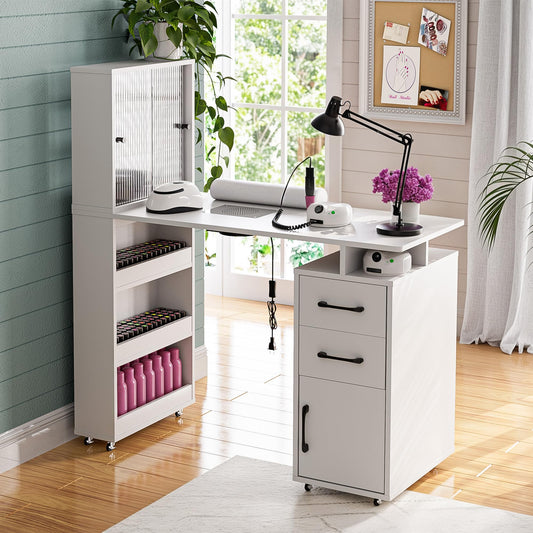 Kikihouse Manicure Table Nail Desk for Nail Tech w/Glass Door Storage Cabinets & Wrist Rest, Beauty Salon Nail Supplies Decor Workstation Acetone Resistant, with Dust Collector (White)