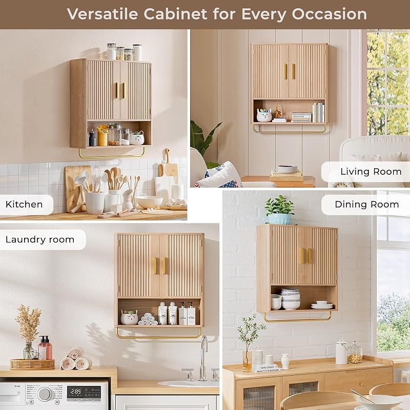 Natural Wood Bathroom Wall Cabinet with Fluted Door, 5-Level Adjustable Shelf