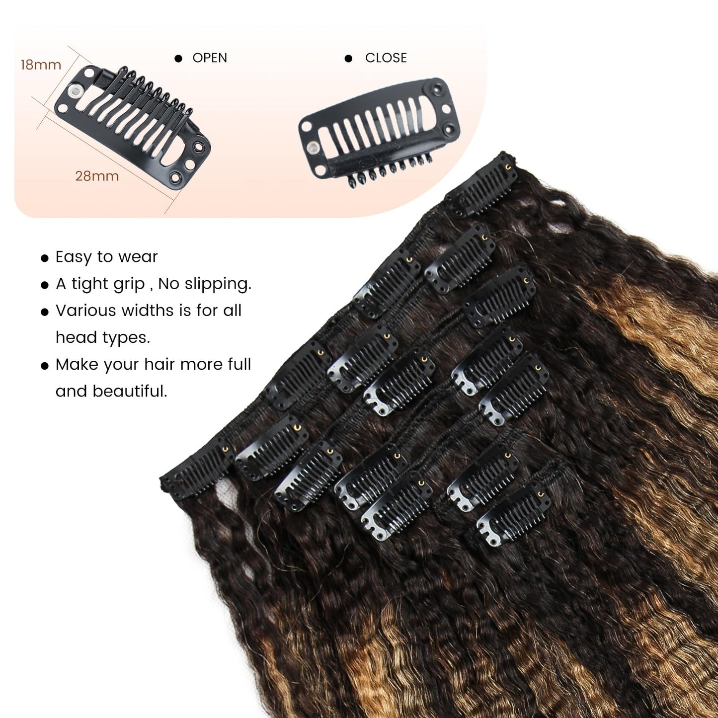 Boyusijf Kinky Straight Clip-in Hair Extensions - 100% Real Human Hair, 7Pcs, 100g Seamless, TP1B/27, 12 Inch for Black Women