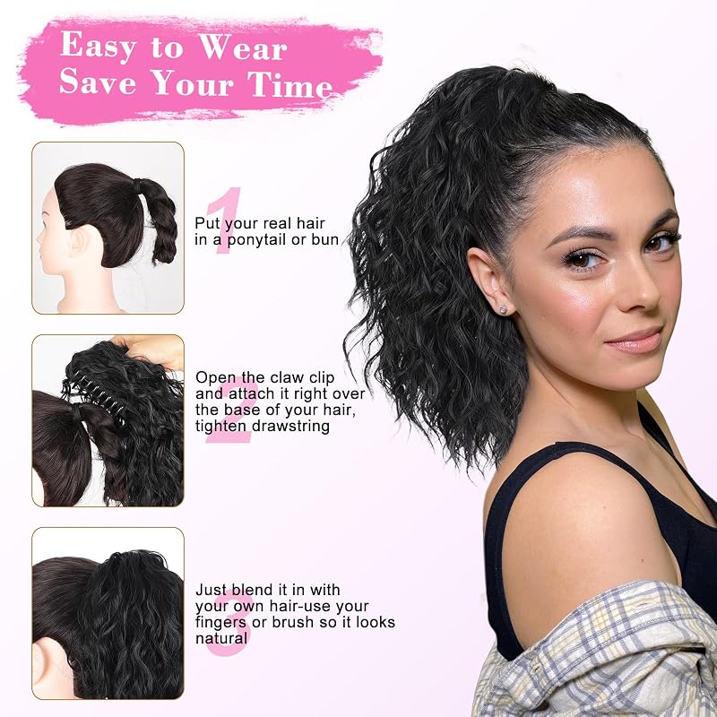 14 Inch Ponytail Extension with Claw Clip - Curly, Fluffy Synthetic Hair, Reddish Orange with Blonde Highlights