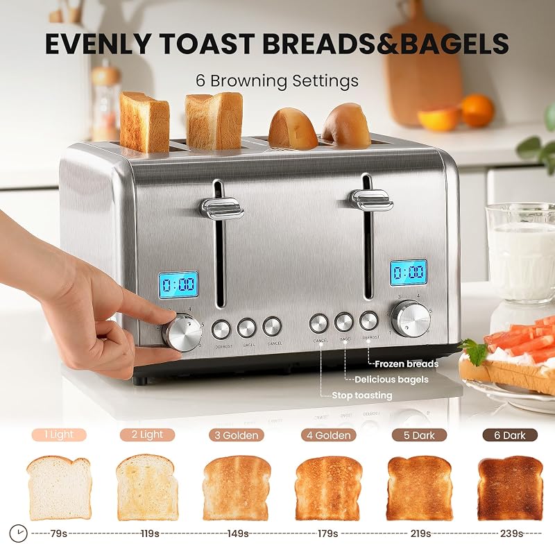 Countdown 4-Slice Toaster with Extra Wide 1.5" Slots, Bagel/Defrost/Cancel - Silver, 1650W