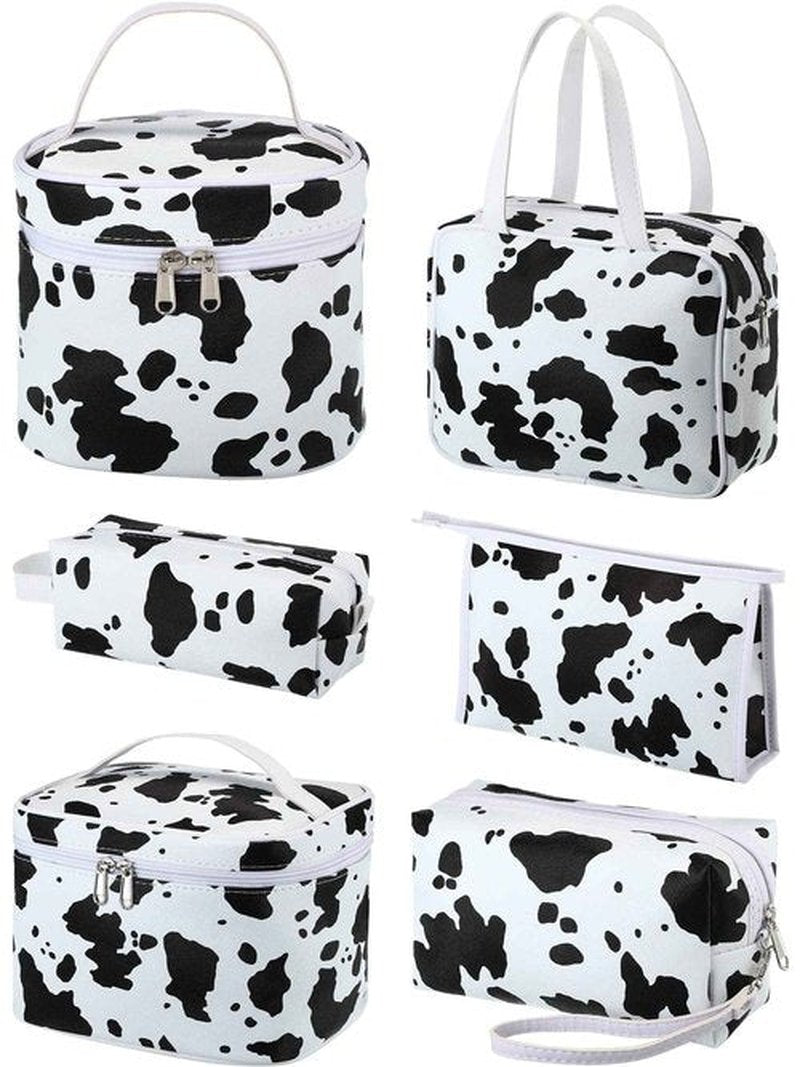 6 Pieces Makeup Bag Set Travel Cosmetic Bag Cow Print Toiletry Pouch Gifts for Women Organizer with zipper Portable Cute Make up Case PU Leather Washable Waterproof