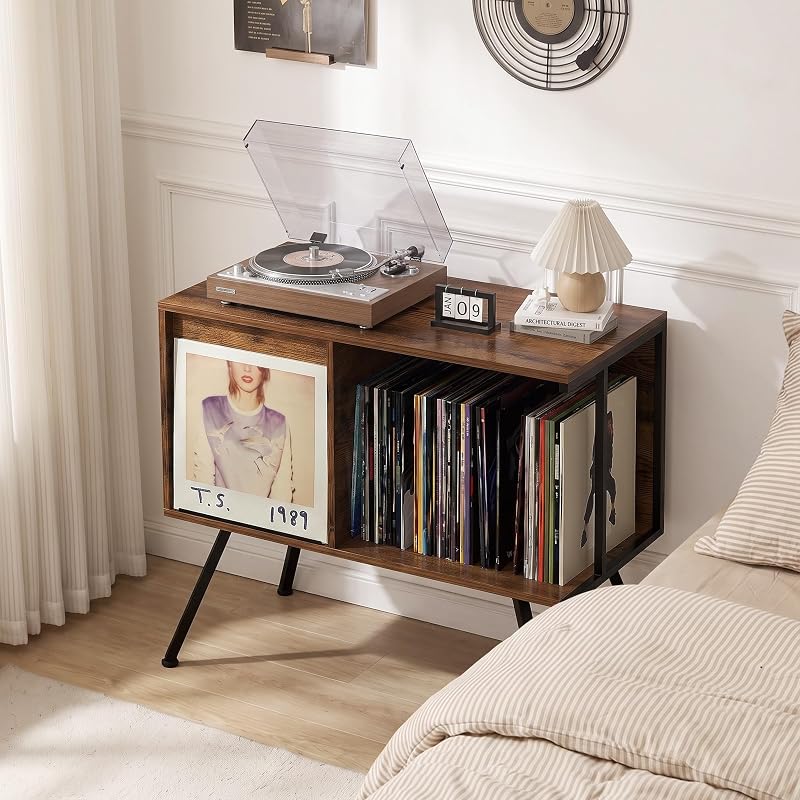 Flip Top Record Player Stand with 150-Album Capacity, Rustic Brown + 2-Tier (Variation)