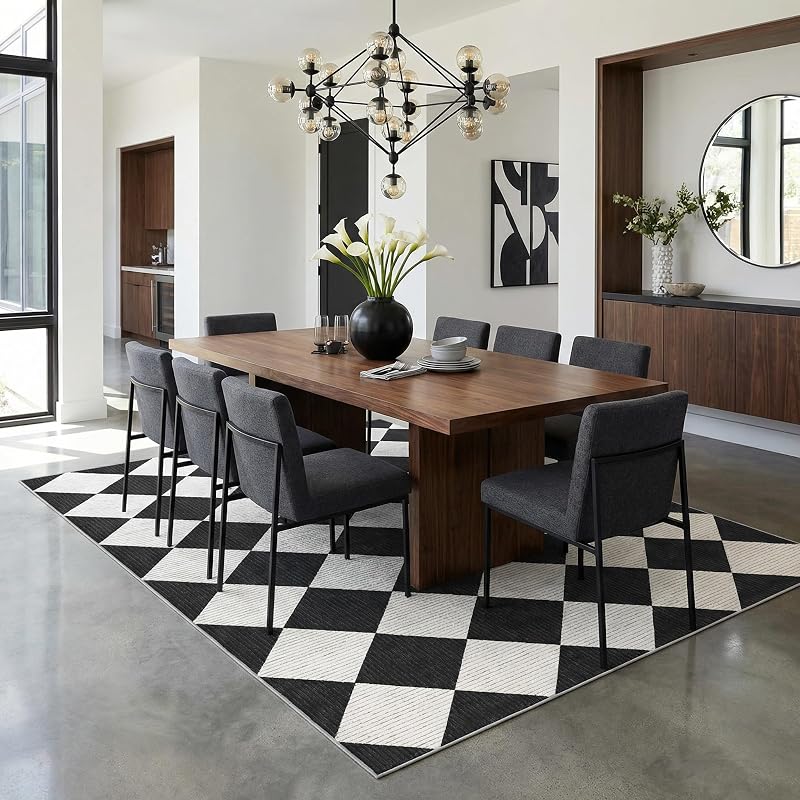 5' x 7' Black & White Checkered Area Rug - washable, non-slip backing