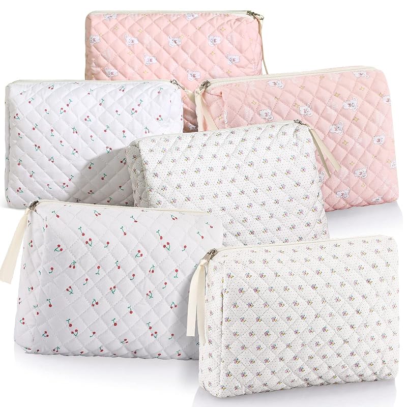 6 Pcs Quilted Makeup Bags Set - Cotton Floral Cosmetic Organizers for Travel
