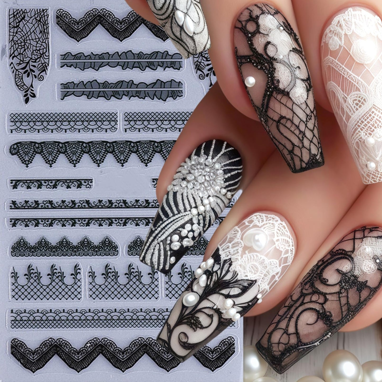 4 Sheets Lace Nail Art Stickers Black Flower Lace Nail Decals Self Adhesive 5D Micro Embossed Lace Flower French Tips Nail Designs Pegatinas Uñas Nail Supplies for Women DIY Acrylic Nails Decoration