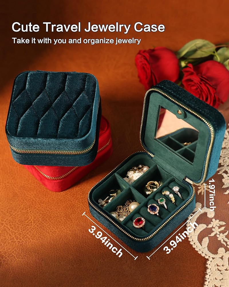Velvet Jewelry Box Travel Organizer with Mirror - Light Blue, Adjustable Compartments