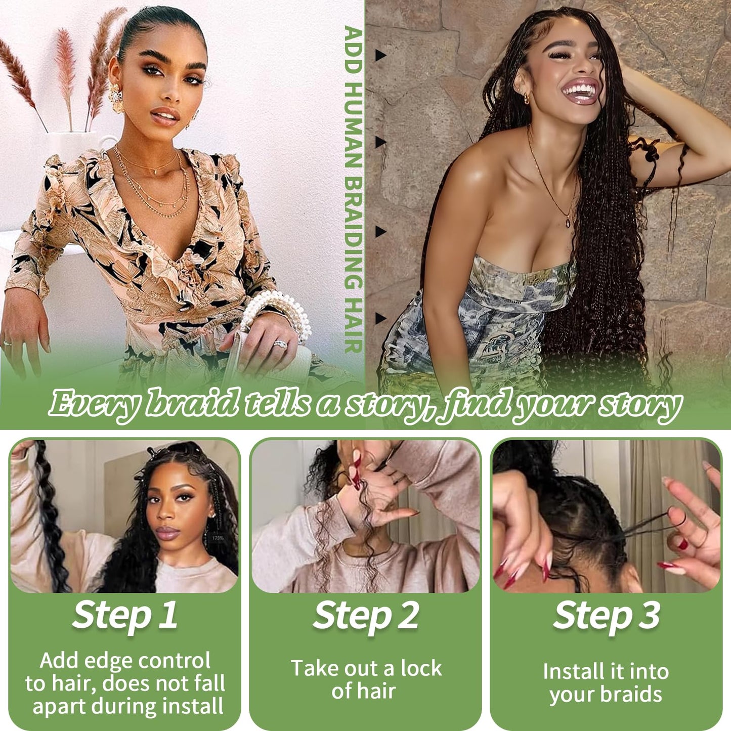 Human Braiding Hair for Boho Braids 120g 12A Deep Water Wave Bulk Human Hair Knotless Boho Braiding Curly 100% Virgin No Weft Extensions Bohemian Braids 3 Bundles/Pack Natural Color 24 Inch