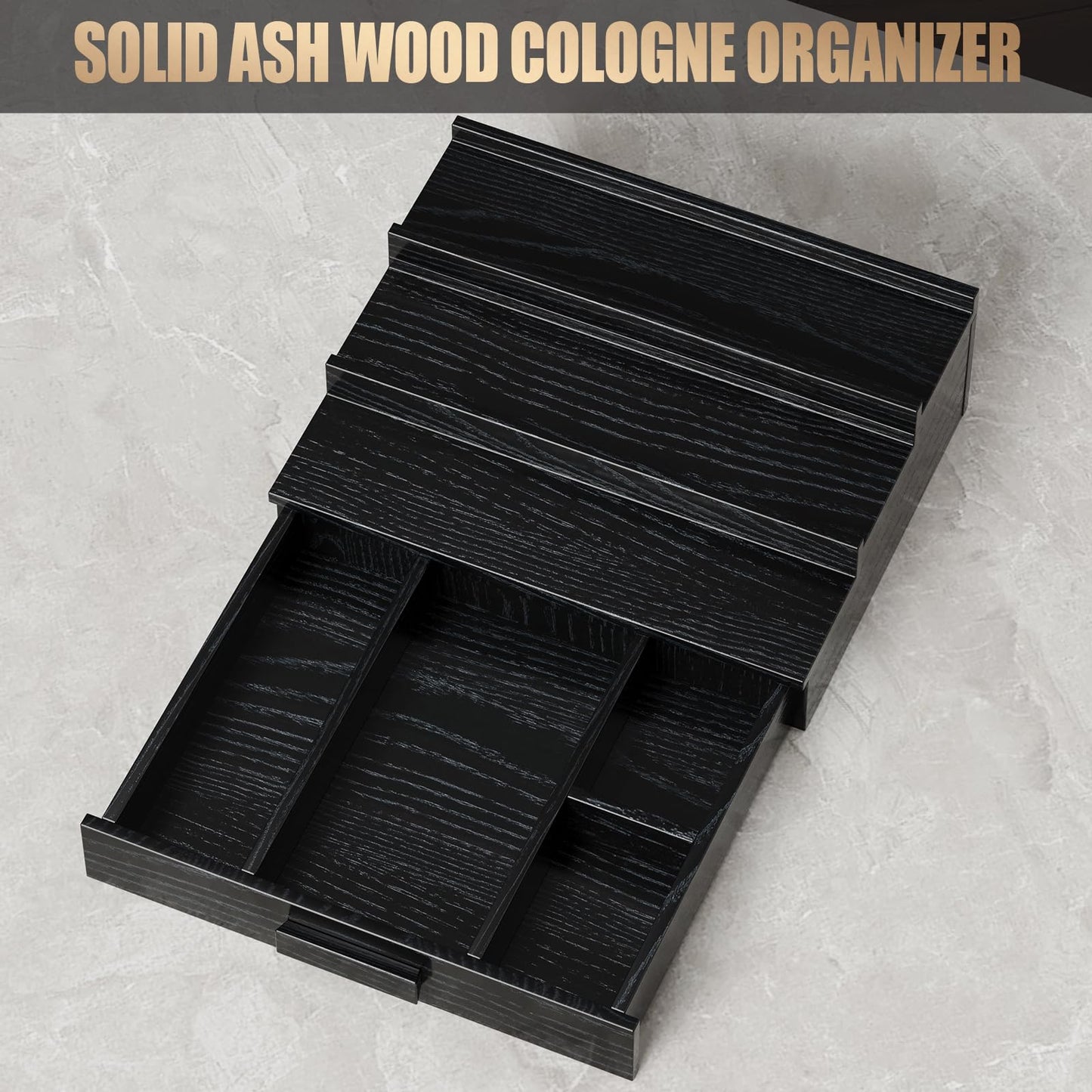 Gernshe Cologne Organizer for Men,3 Tier Solid Ash Wood Cologne Stand,Cologne Shelf Display Holder,Perfume Stand Organizer with Drawer and Hidden Storage,Great Gift for Men Father's Day,Black