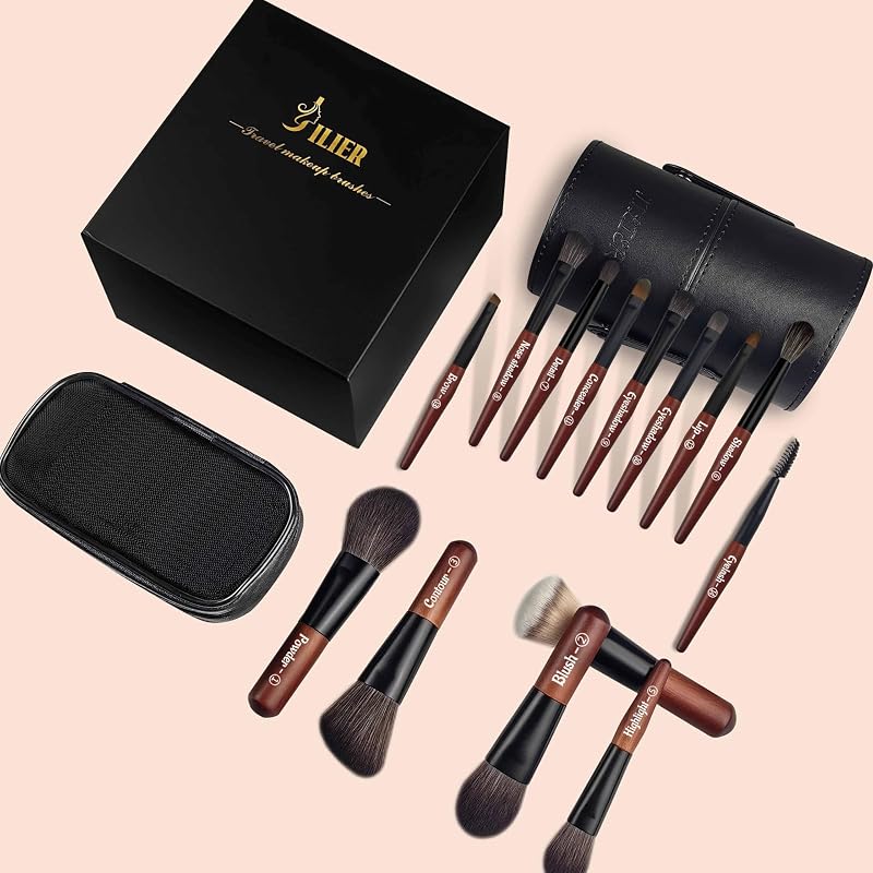 Jilier 14-Piece Mini Makeup Brush Set & LED Travel Mirror – Brown Variation