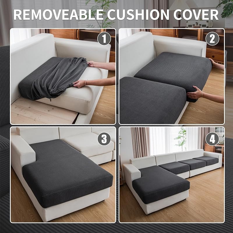 Couch Cushion Covers for L-Shaped Sofa 4Pcs Dark Gray Striped Pattern S+Chaise Cover