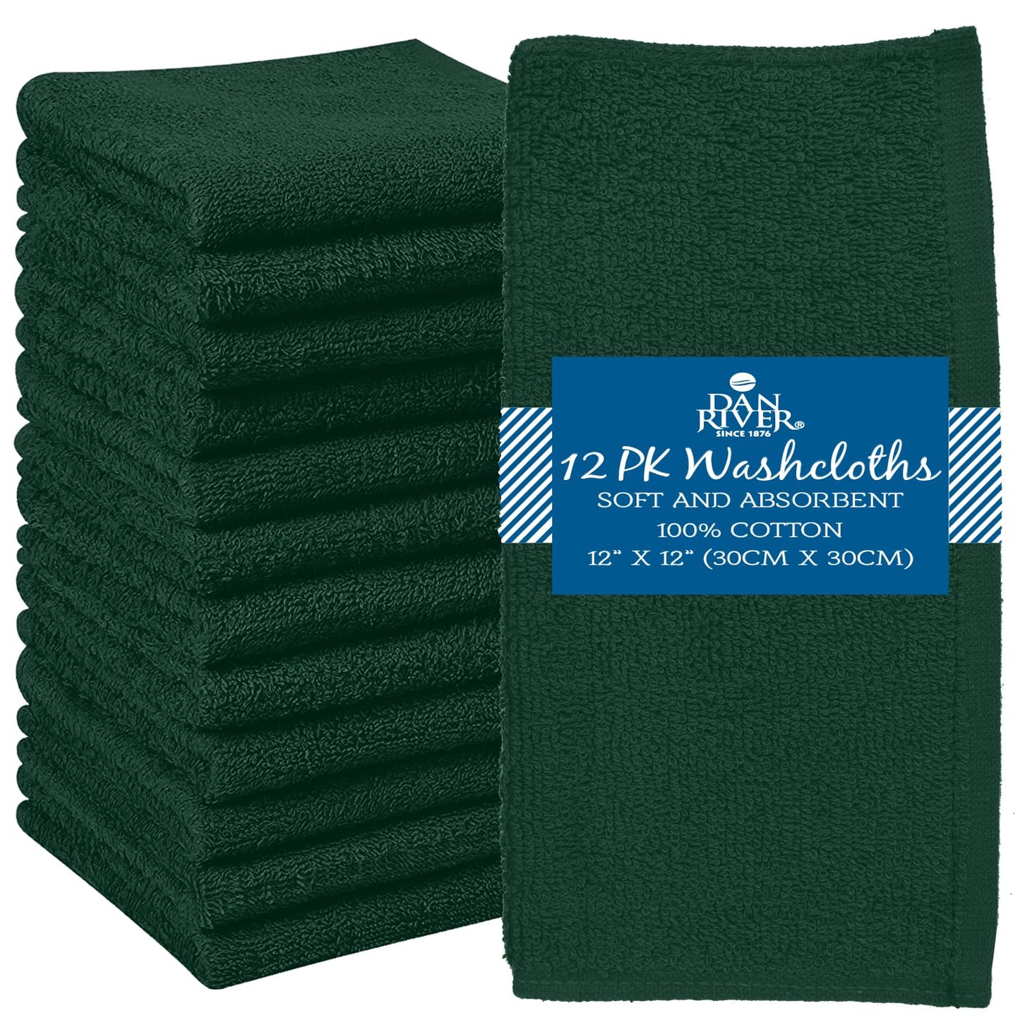 DAN RIVER Washcloths - 12 Pack, 12x12 Inches, 400 GSM, Hunter Green, 100% Cotton, Soft & Highly Absorbent Wash Cloths for Face and Body, Perfect for Bathroom, Makeup Removal, and Everyday Use