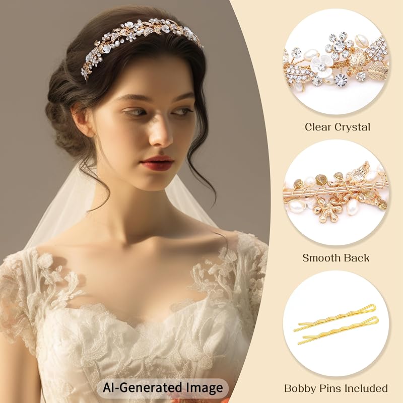 Oriamour Gold Rhinestone Pearl Bridal Headband - 15 Inch Wedding Hair Accessory (Variation: Gold+1 Count)