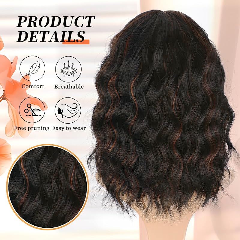 Variation: Black Mixed Brown Bob Wig with Bangs, Short 14 Inch Wig for Women