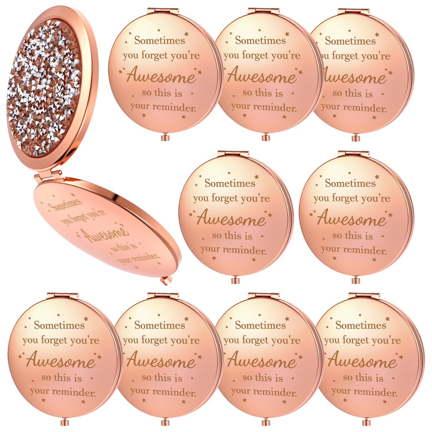 Limbeuuu 10 Pcs Inspirational Compact Mirror Sometimes You Forget You're Awesome Appreciation Gifts for Women Mother's Day Party Favors Magnifying Pocket Mirror (Rose Gold)