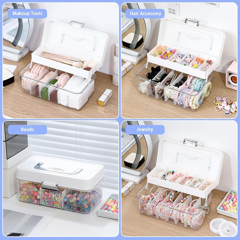 2 Pack Portable Hair Accessories Organizer Box for Girls (Plastic, Dustproof) - 2 Tiers, 12 Divisions