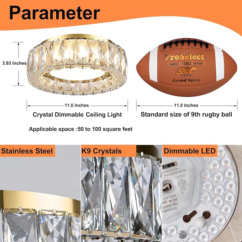 Gold 11 Inch Dimmable Crystal Flush Mount Ceiling Light Fixture